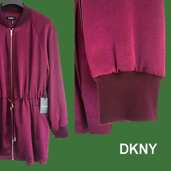 DKNY NEW Elongated Velour Peplum Collarless Drawstring Aglets Jacket M - Picture 4 of 12